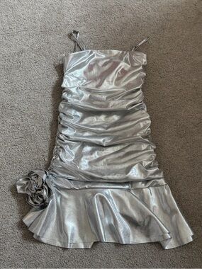Theme Silver Metallic Ruched Girls' Party Dress with Rose